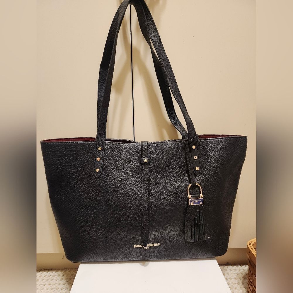 Karl Lagerfeld Paris "Lock Charm" Black Pebbled Leather Tote Bag, Retail $178